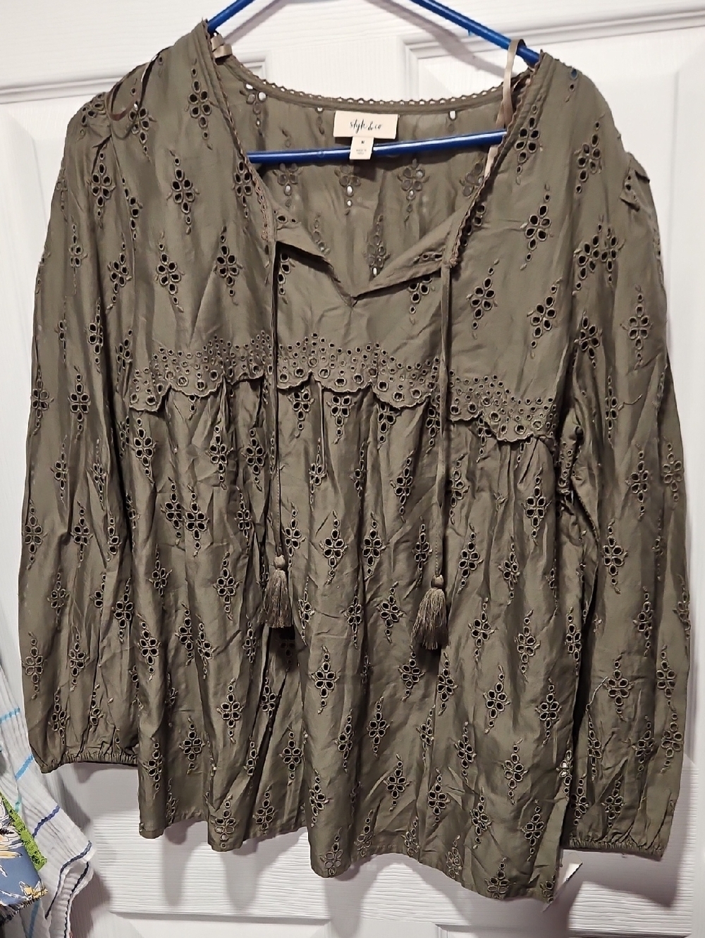 Style & Co. Olive Eyelet Peasant Blouse